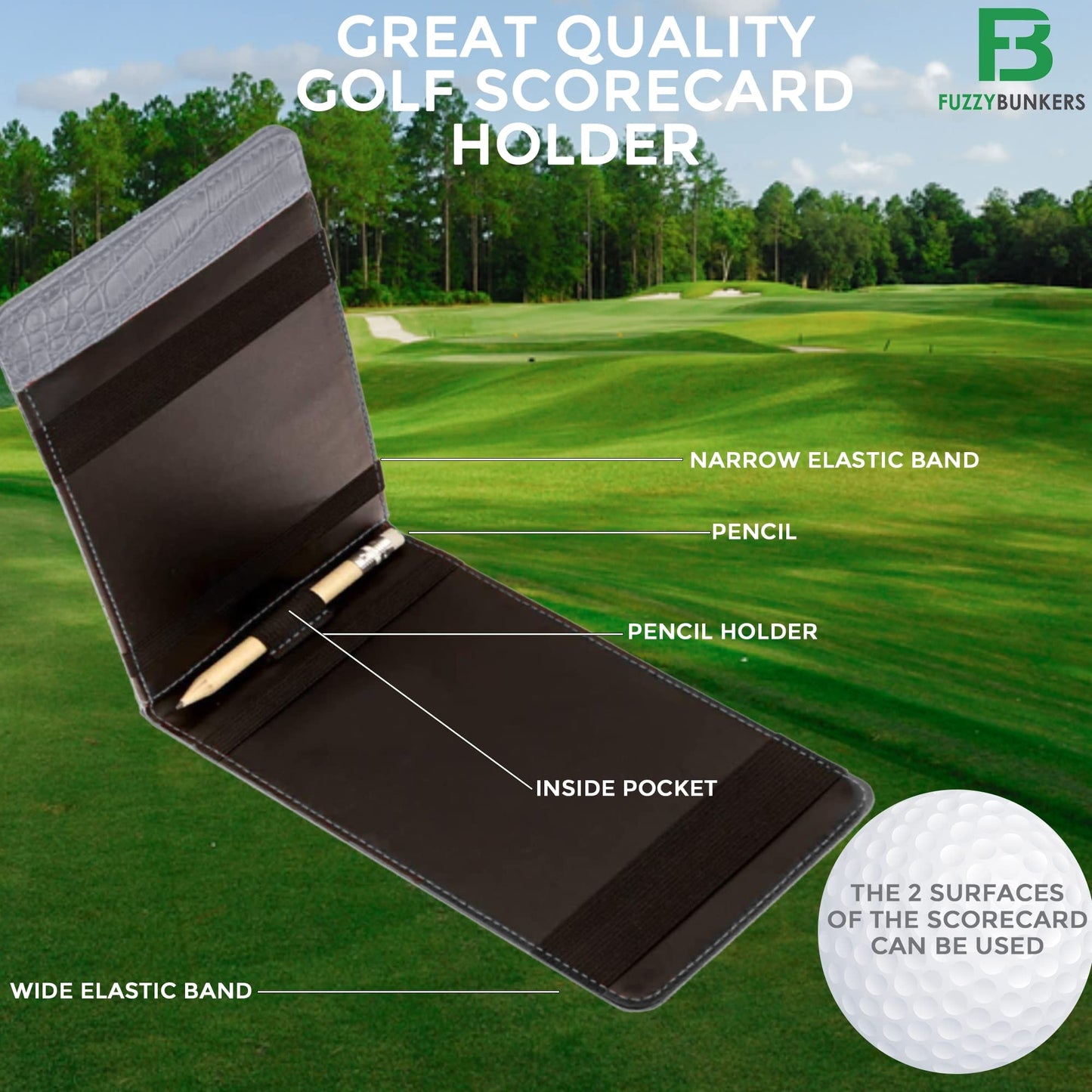 FB FUZZYBUNKERS Quality Leather Golf Scorecard Holder - Yardage Book Cover - Golf Yardage Book -Free Pencil and Stat Tracker Sheet (Gray)