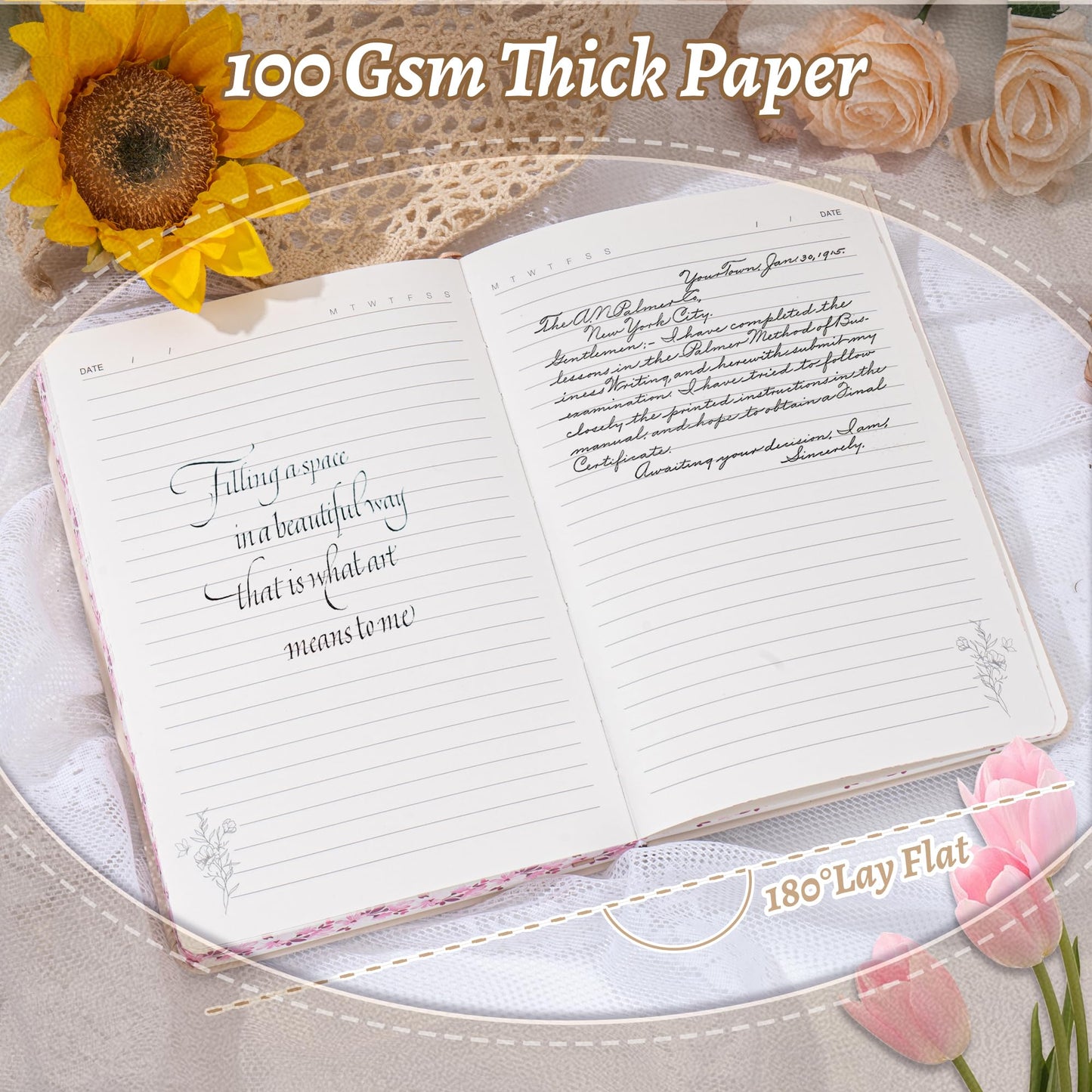 MINICAGIE Lined Journal Notebook for Women Cute Leather Journals for Writing Aesthetic Floral Diary 192 Pages A5 Hardcover Journaling Notebooks with Pen Loop (Yellow)