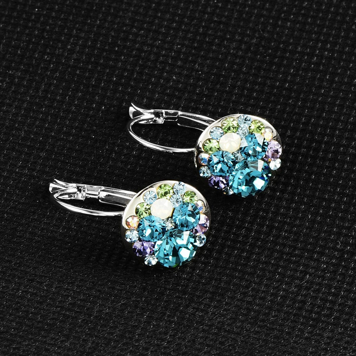 Multicolored Austrian Crystal Leverback Earrings for Women 14K Gold Plated Dangle Hoop Earrings (Blue Green Crystals/Silver-tone)