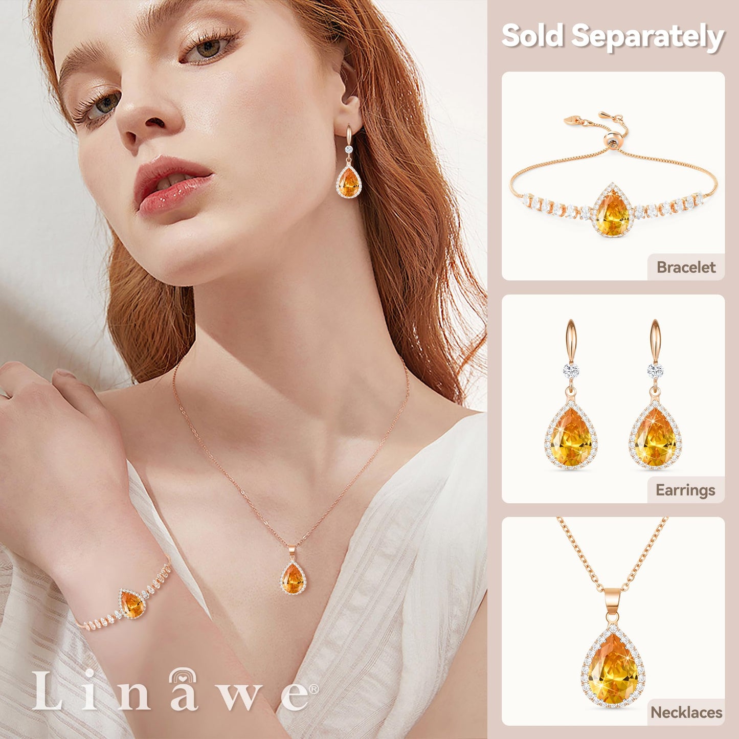 Linawe Citrine Crystal Chain Necklace for Women, Imitation Diamond Pendant Rose Gold Preppy Necklace, Yellow Cubic Zirconia Rhinestone Teardrop Boho Vintage Jewelry Set