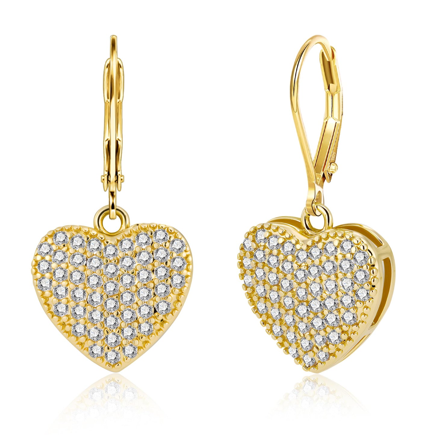 Gold Heart Earrings, ALEXCRAFT 14K Goldplated Heart Dangle Leverback Earrings for Women Trendy Hypoallergenic Sterling Silver Leverback Earings Gold Cubic Zirconia Dangling Drop Earrings for Women