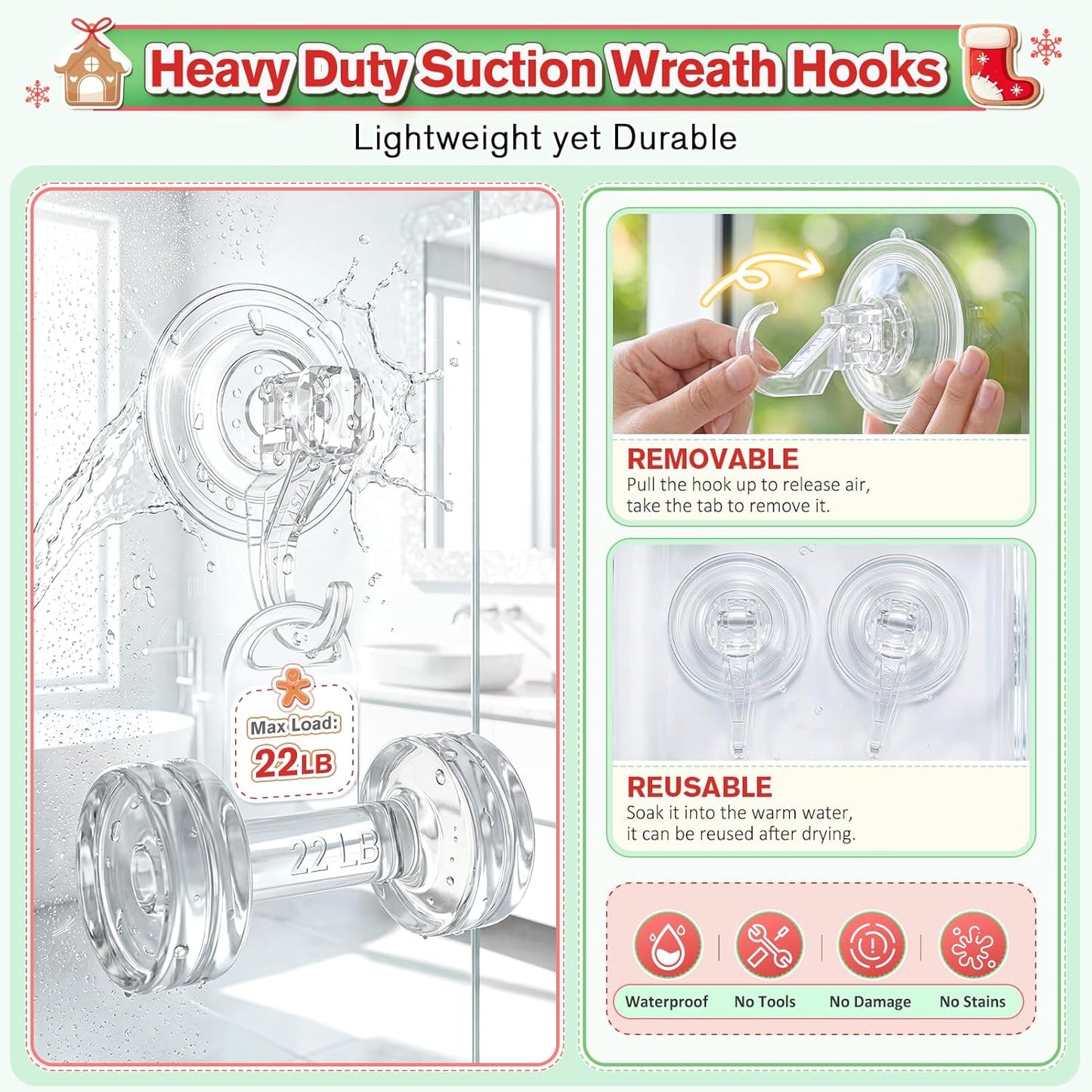VIS'V Wreath Hanger - Heavy Duty Suction Cup Hooks | 22 LB Capacity, Clear, 6 Pack, Removable & Reusable