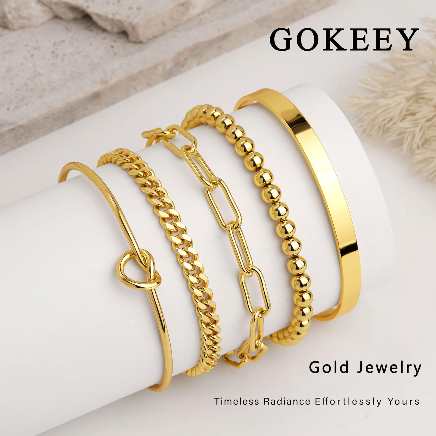 Gokeey Gold Bracelets for Women Non Tarnish Waterproof 14K Real Gold Plated Bracelets Stack Dainty Chunky Bangle Cuff Love Knot Paperclip Bead Cuban Bracelet Layered Chain for Jewelry Gifts