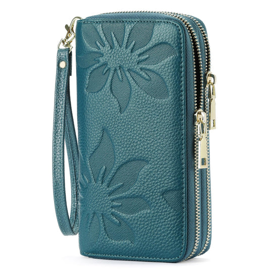 GOIACII Women's Wallet Large Capacity Double Zip Around Credit Card Holder Leather Ladies Wallet with RFID Blocking Phone Wristlet Purse Teal