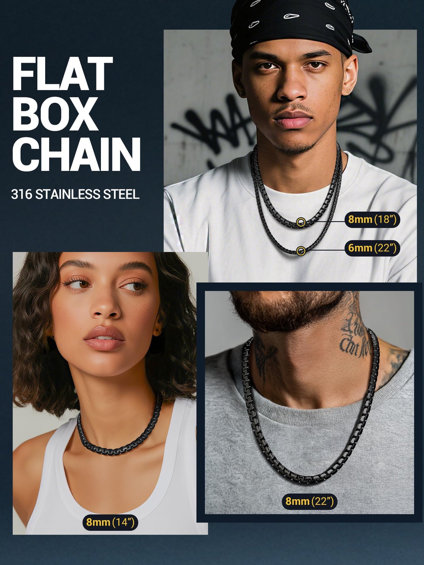 PROSTEEL Stylish Stainless Steel Flat Link Chain Necklace for Men, 2mm/4mm/6mm/8mm. Silver/18K Gold/Black, Hypoallergenic Jewelry, 14"-30", Come with Box, Black8mm-30in