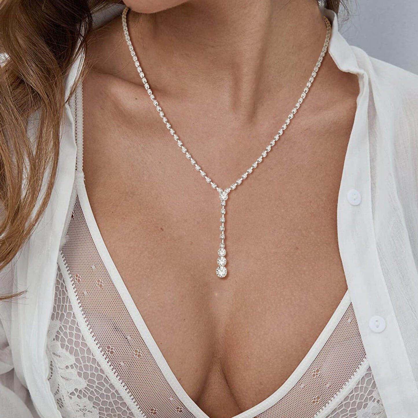 THUNARAZ Sparkled Jewelry Set for Women Silver Rhinestone Necklace Teardrop Dangle Earrings Bracelet for Bride Bridesmaid Crystal Bridal Prom Costume Jewelry Accessories for Wedding Party