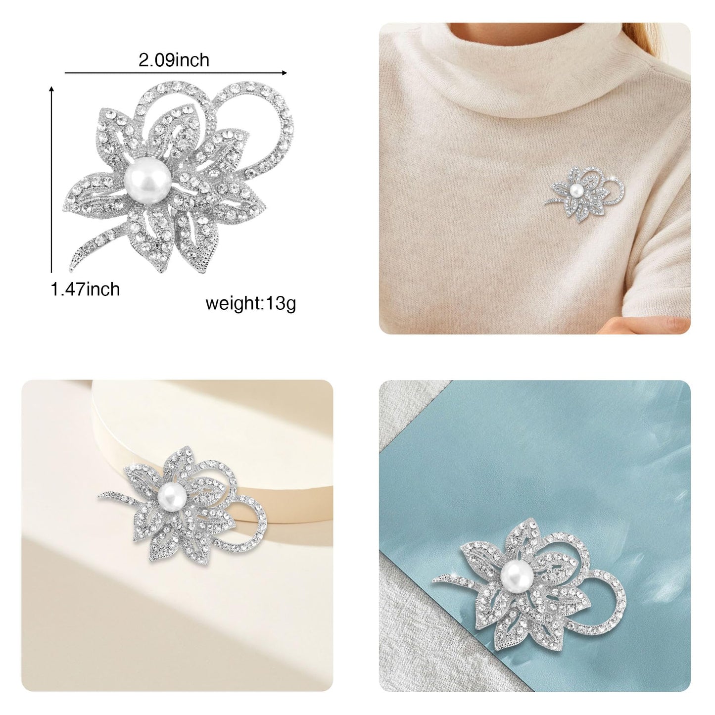 Crystal Flower Brooch Pins for Women Elegant Enamel Rhinestone Floral Brooches Pin Fashion Jewelry for Party Dance Wedding Banquet Brooch for Women Gift (Silvre Pearl Flower)