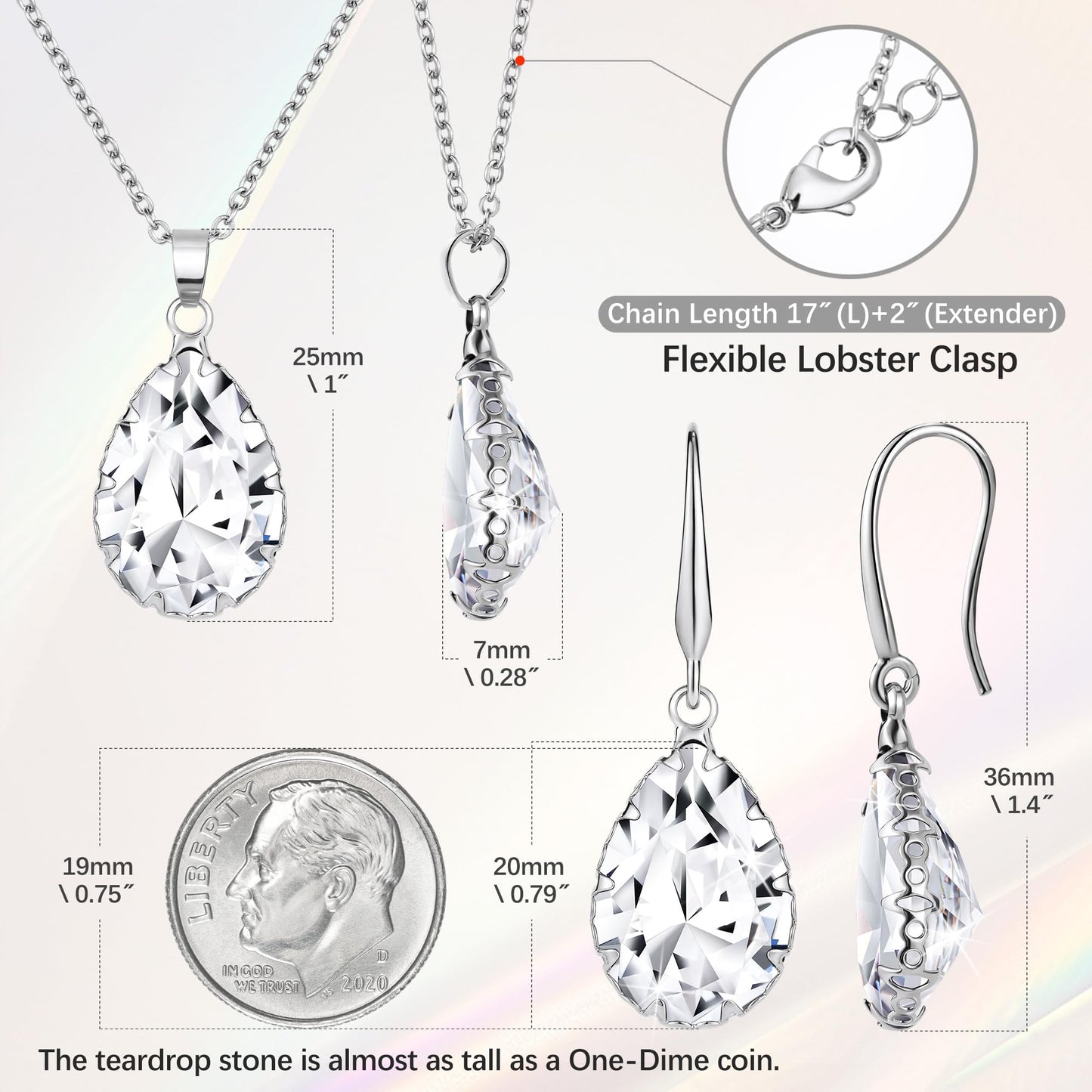 Linawe Crystal Imitation Diamond Wedding Jewelry Sets for Brides Bridesmaid, Silver Pendant Necklace Set, Rhinestone Drop Dangle Earring Set, Cubic Zirconia Birthstone Teardrop Matching Jewelry