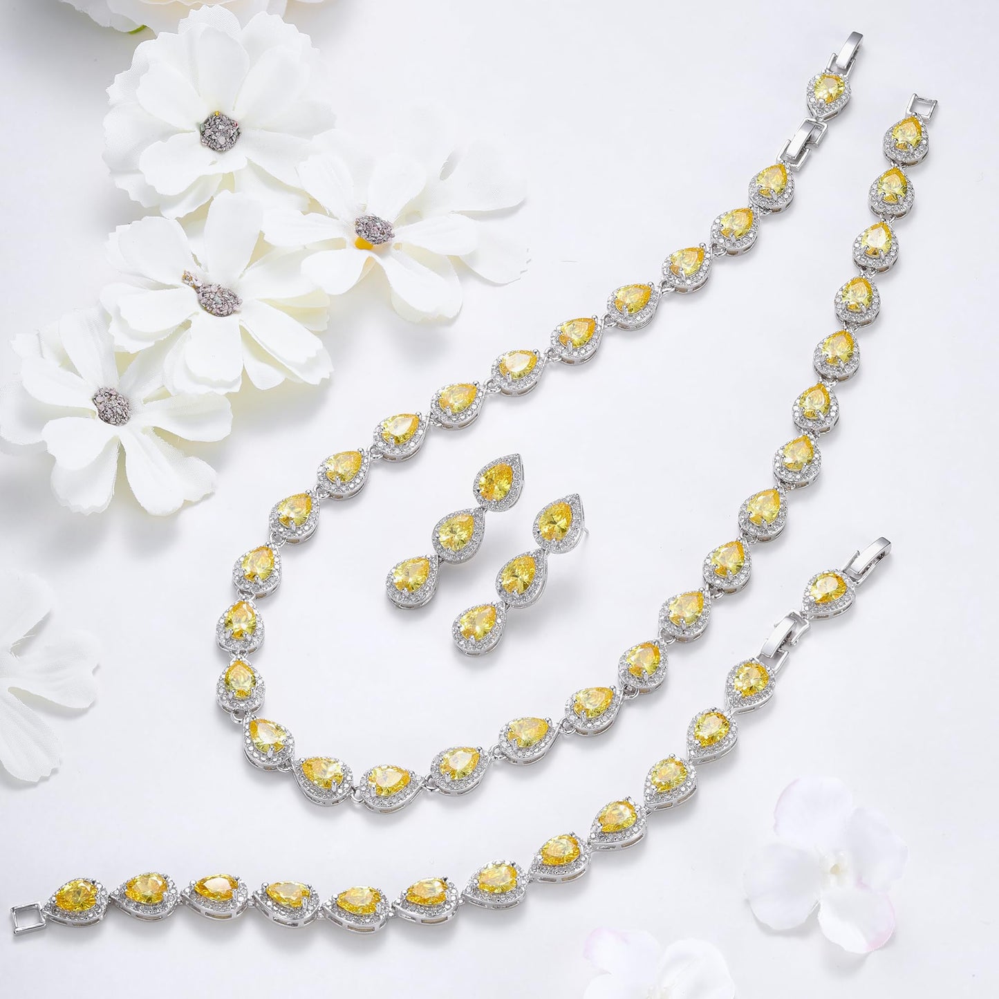 EVER FAITH CZ November Birthstone Elegant Tear Drop Necklace Earrings Bracelet Set Yellow Citrine-Color