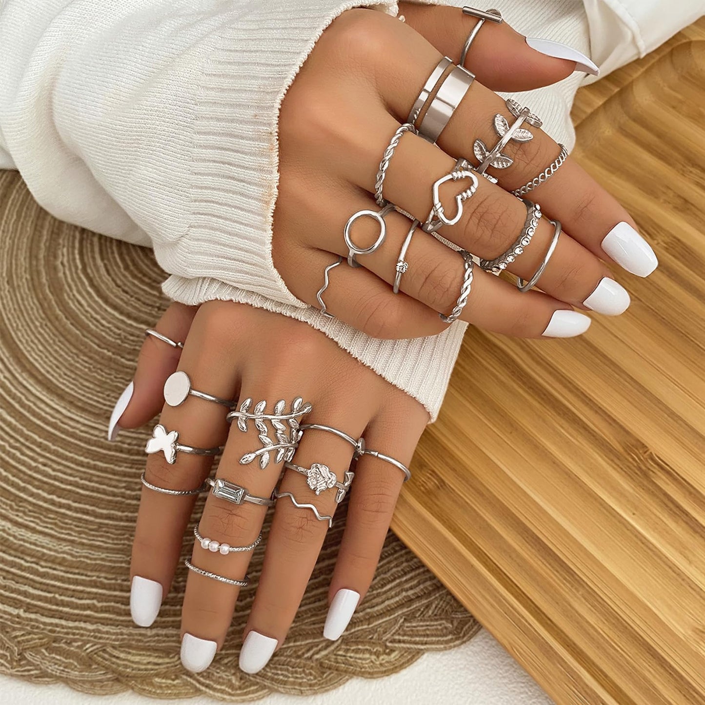 IFKM 24 Pcs Silver Knuckle Rings Set For Women Vintage Stackable Joint Finger Midi Rings Dainty Cubic Zirconia Crystal Simple Twist Hollow Cute Rings Pack Jewelry Gift (Love of Leaves, Silver)