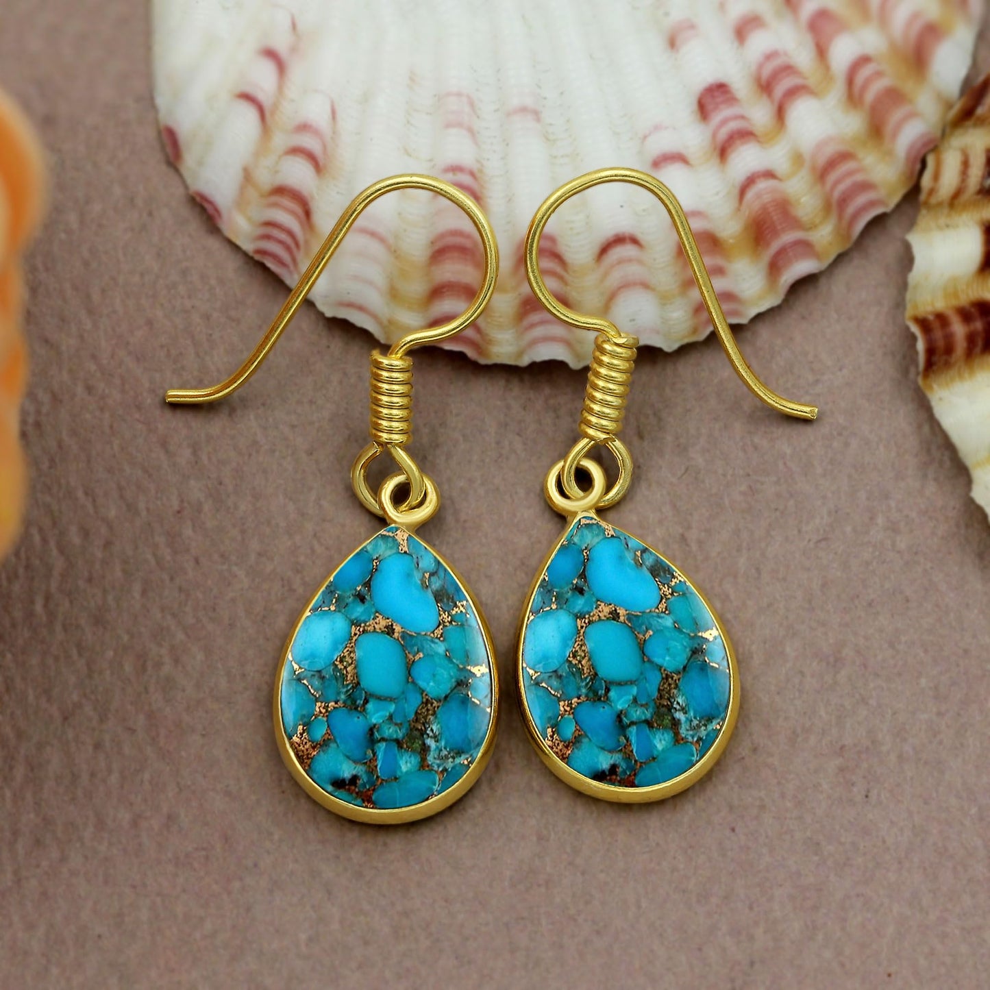 Natural Blue Copper Turquoise Pear Shape Dangle Earrings for Women - 14K Yellow Gold Plated December Birthstone Blue Gemstone Earrings - Handmade Jewelry Gifts for Her