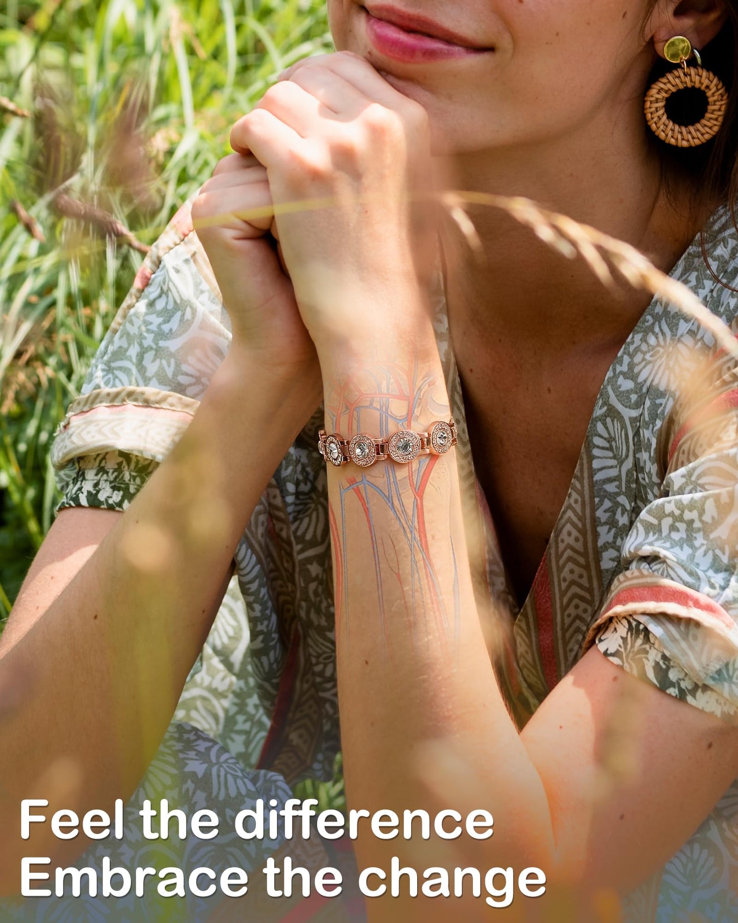 Feraco Pure Copper Bracelets for Women, 4X Ultra Strength Magnetic Bracelet with 3800 Gauss Neodymium Magnets & Dazzling Austrian Cut Crystals Stone, Adjustable Jewelry Gift (Sparkle Sphere - Rose Gold)