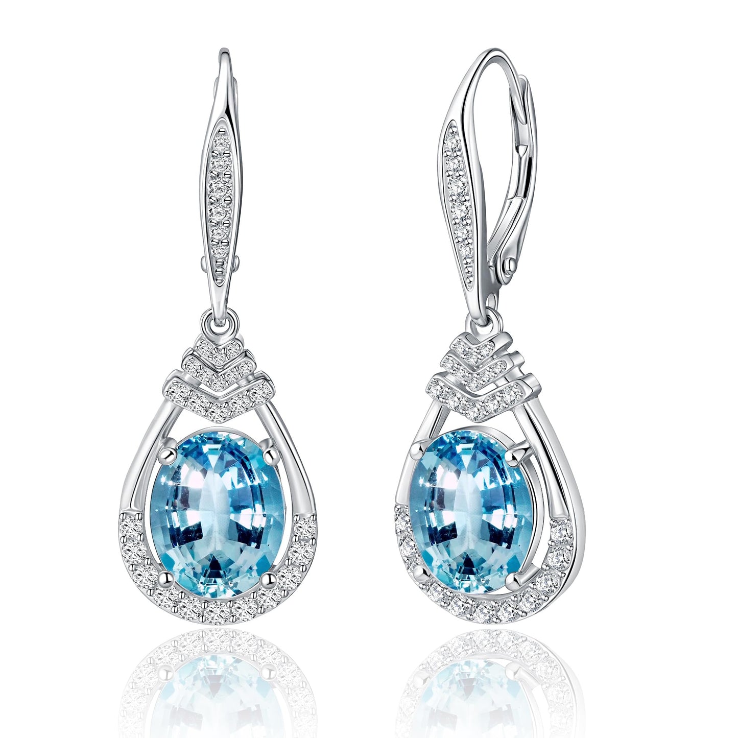 March Birthstone Blue Aquamarine Dangle Earrings Sterling Silver Teardrop Leverback Drop Earring for Women Wedding Jewelry for the Bride Oval Cut CZ Earrings Anniversary Birthday Gifts for Wife Mom