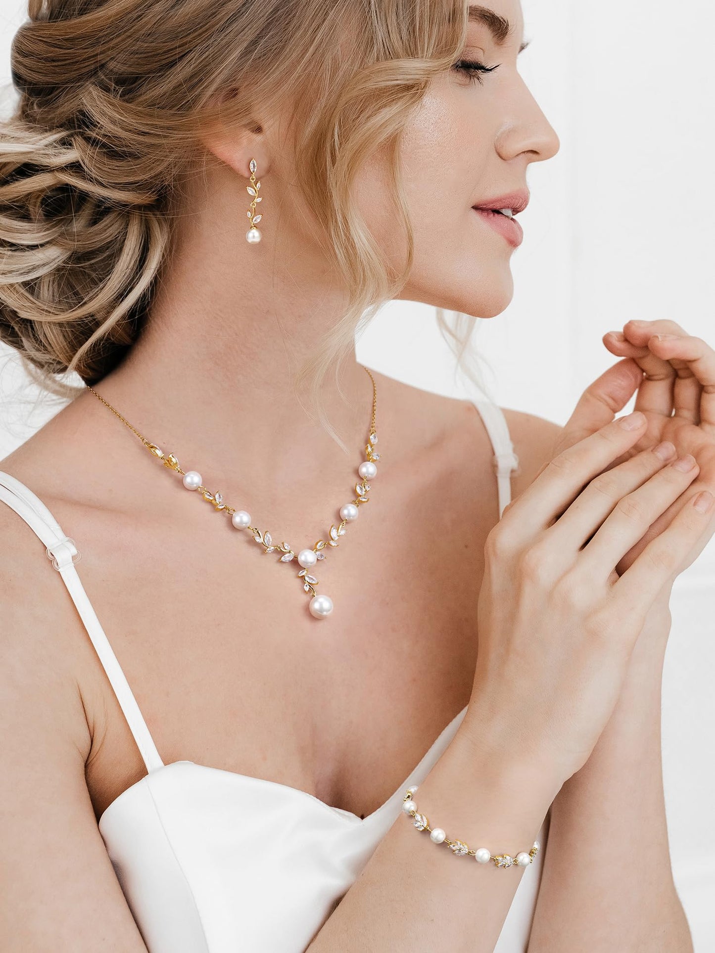SWEETV Gold Wedding Jewelry Set for Bride Women, Cubic Zirconia Pearl Bridal Earrings Necklace Bracelet Set, Bridal Jewelry Set for Wedding Prom