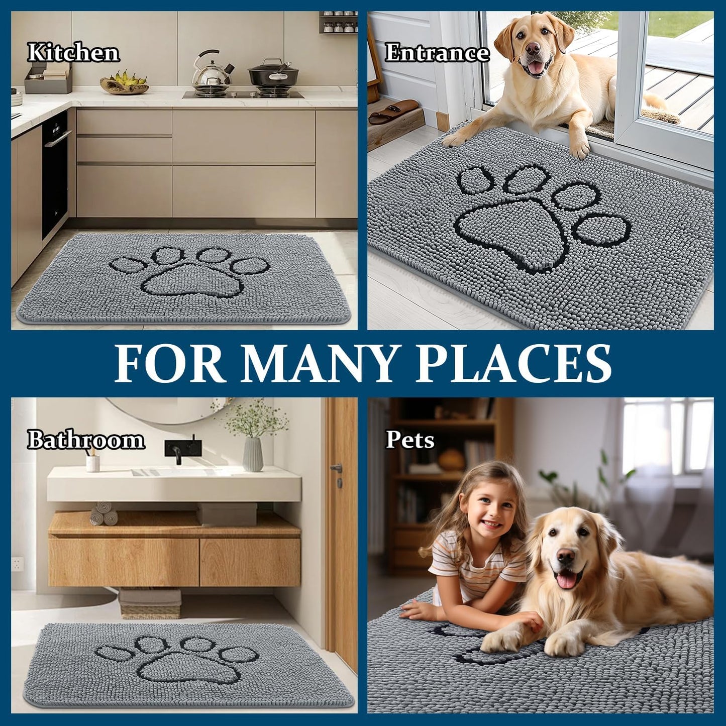 OLANLY Dog Door Mat - Absorbent Non-Slip Mud Mat for Muddy Paws | Quick Dry Chenille, 59x20, Grey