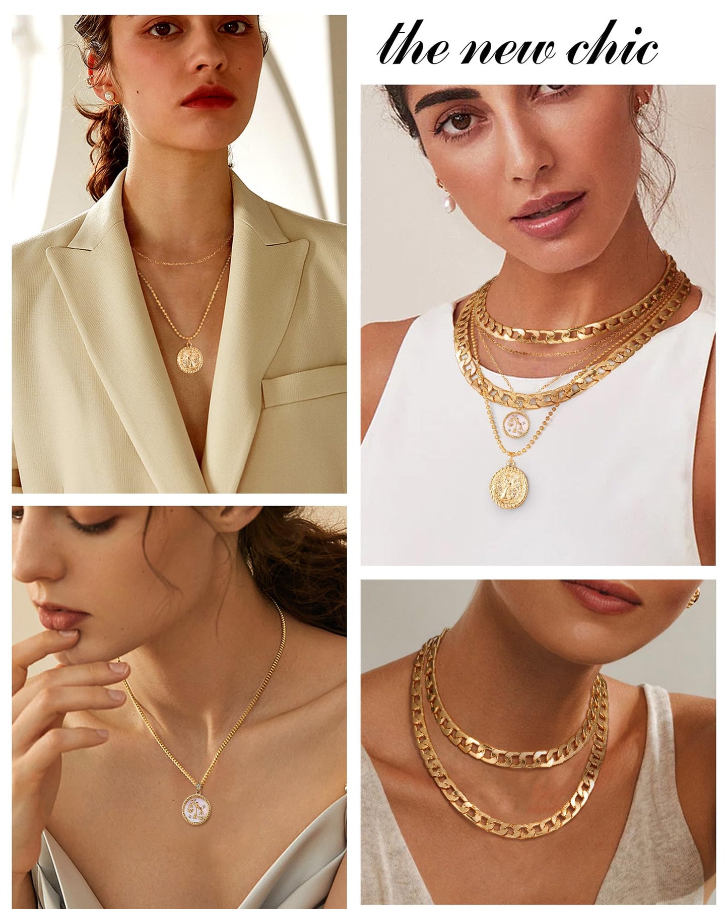 MJartoria Gold Layered Necklaces for Women Trendy Retro Coin Pendant Necklace Dainty Chunky Chain Choker Necklaces for Jewelry Birthday Gifts (Gold, Zodiac-Libra-3PCS Layered)