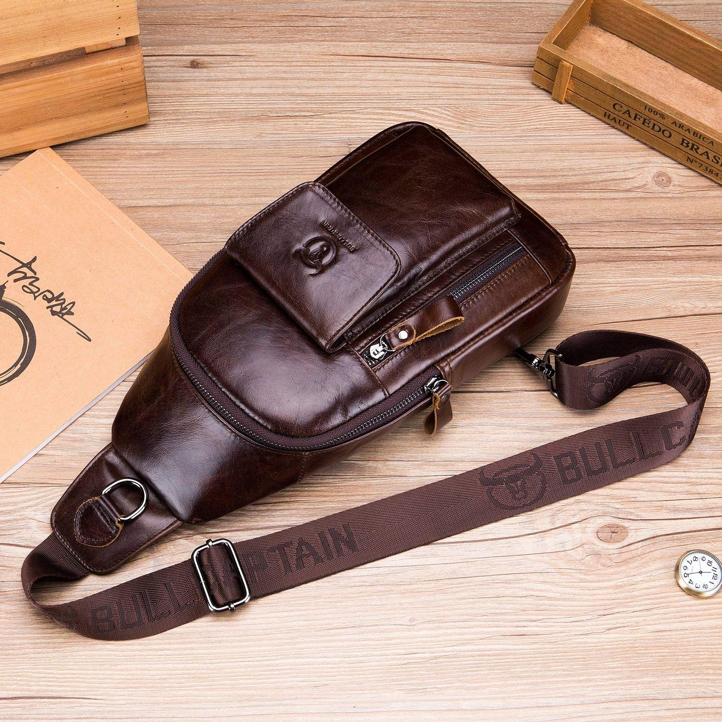 BULLCAPTAIN Mens Leather Crossbody Bag Shoulder Sling Bag Casual Daypacks Chest Bags for Travel Hiking Backpacks (Coffee)