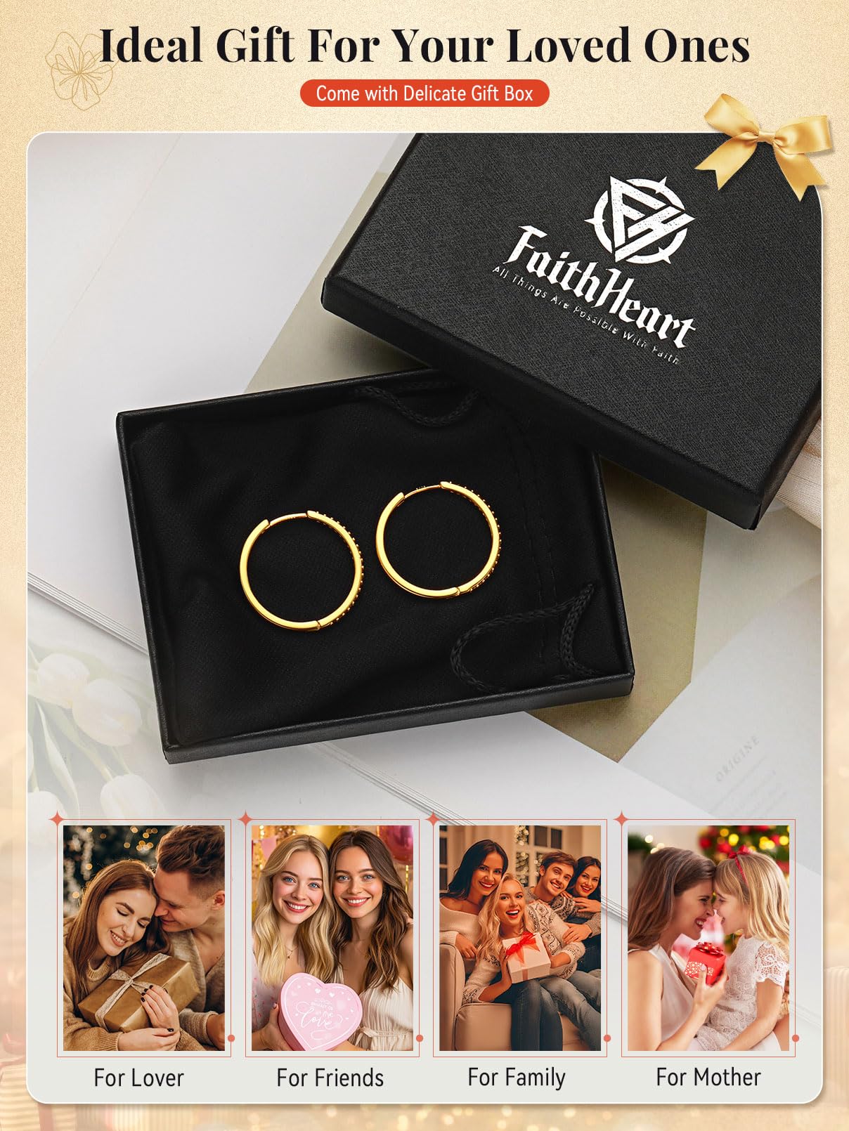 FaithHeart Cubic Zirconia Hoop Earrings for Women, Rose Gold Hypoallergenic Huggie Hoop Earrings, Small Cartilage Earrings for Women 18mm, Send Gift Box