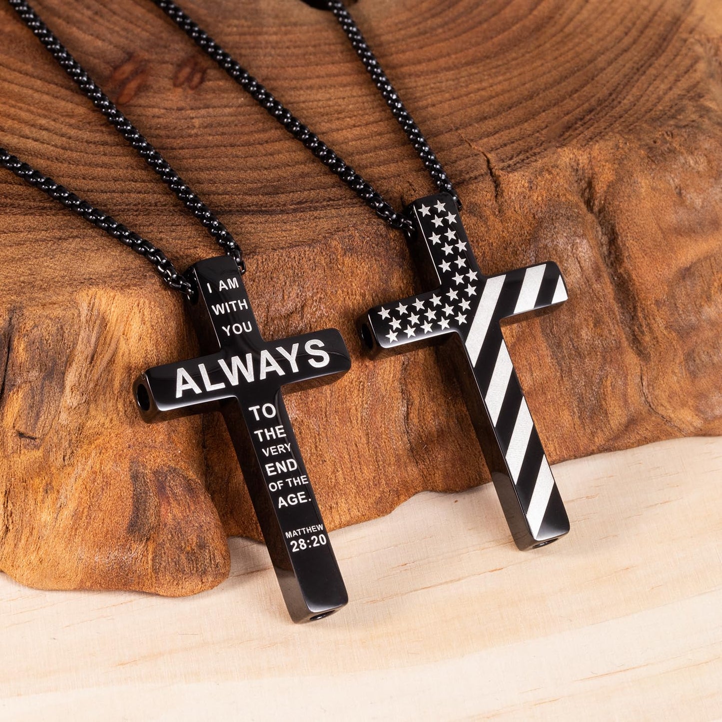 FUNPAR American Flag Cross Breathing Necklace, Stainless Steel Patriotic Jewelry, Inspirational Bible Verse Cross Necklace, Anxiety Relief Items for Men Christian Gift(Black 28:20)