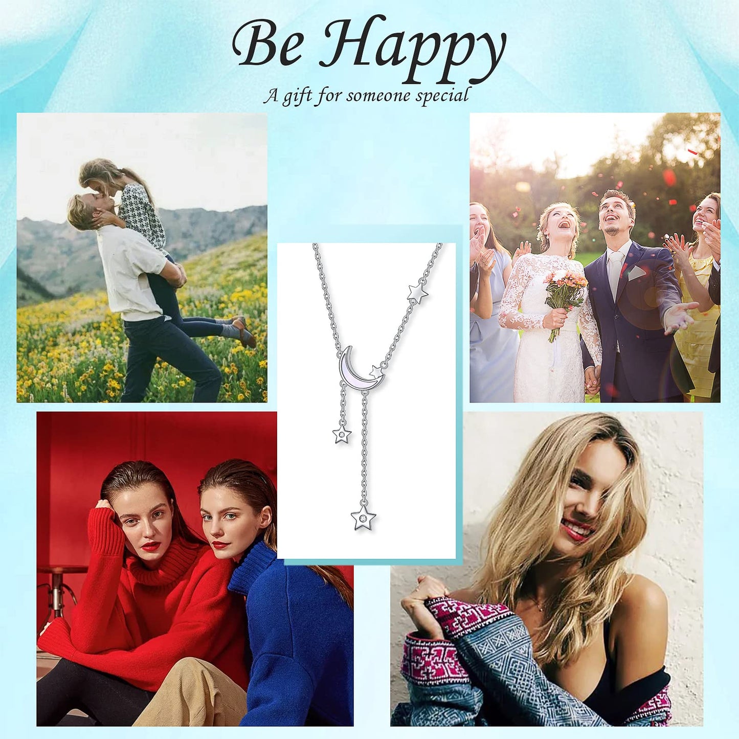 925 Sterling Silver Crescent Moon and Star Celestial Jewelry CZ White Oyster Shell Beads Mother of Pearl Pendant Necklace Rolo Chain 18 inches to 20 inches