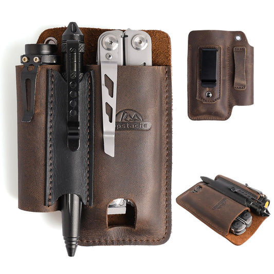 Topstache Leather Multitool Sheath with Belt Clip - Multi Tool Holster for Belt - EDC Belt Organizer Fits Multitool, Flashlight, Pen - Leather EDC Pouch, DarkBrown