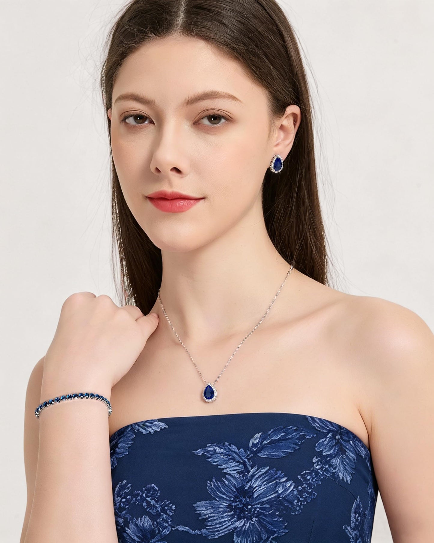 UDYLGOON Teardrop CZ Bridal Jewelry Set Imitation Diamond Earrings Necklace Bracelet for Bride Bridesmaids Wedding Prom Party (Tenni-Royal Blue)