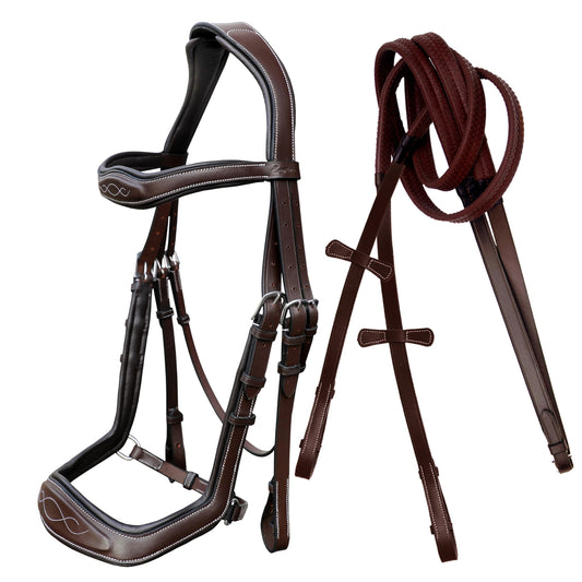 ExionPro Exion Anti-Pressure Anatomic English Jumping Leather Horse Padded Bridle with Reins- Havana Brown, Full Size