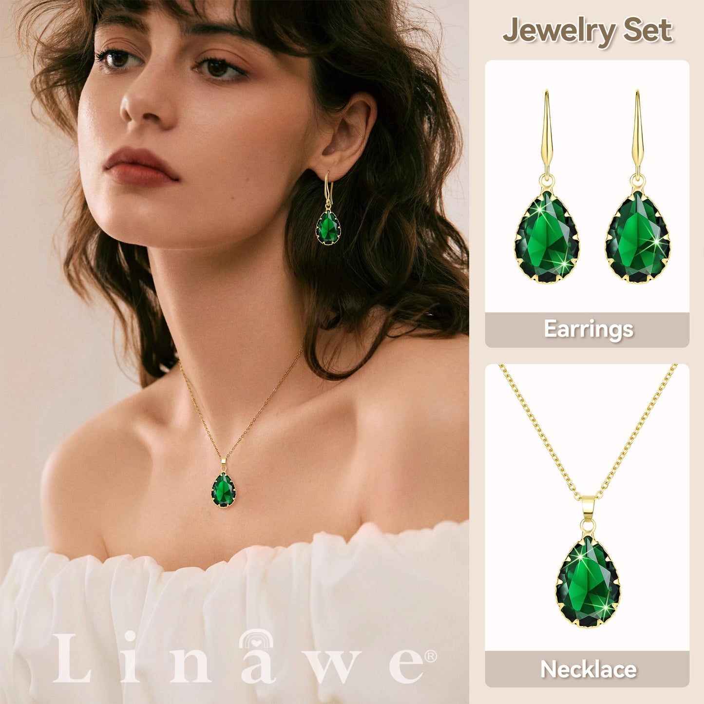 Linawe Emerald Crystal Jewelry Sets for Women, Gold Pendant Necklace Set, Green Imitation Diamond Drop Dangle Earrings Set, Boho Rhinestone Matching Jewelry for Wedding Bridal Bridesmaid