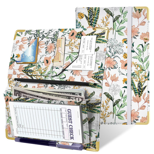 YeeCASE 2Pack Flower Server Book for Waitress with Money Pocket and Zipper Pouch, Fits Waitress Apron, Waitress Accessories, Receipt Holder with High Volume Pocket (Flower-Grass)