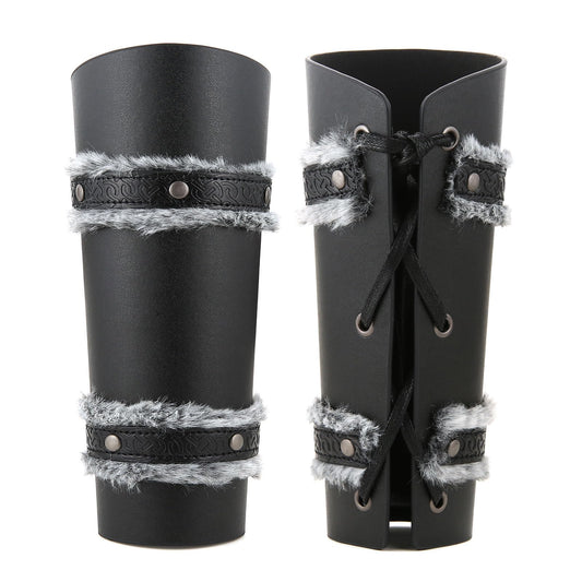 HZMAN Medieval Gauntlet Wristband Fur Leather Bracers for Men Cuff Armor Leather Viking Wrist Arm Guards for LARP Costume Bracer (Black)