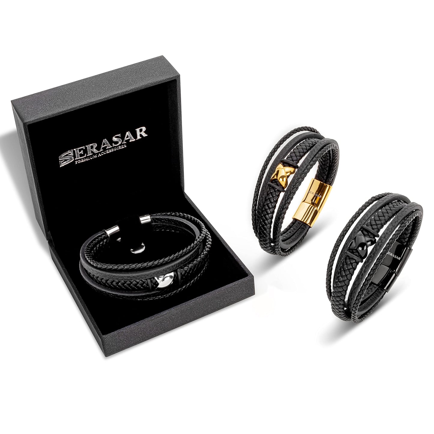 SERASAR Mens Bracelets 20cm Gold Gift Box Genuine Leather Cowhide Braided Adjust Able Magnetic Clasp Multi Layer Wrap Jewellery Rope Man Mans Male Band Jewelry Accessories