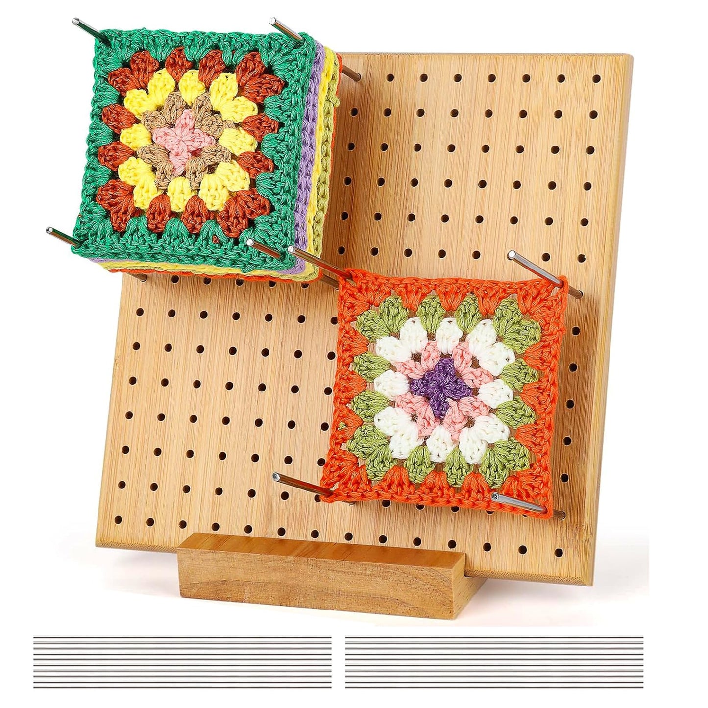 Crochet Blocking Board Handcrafted Knitting Blocking Mat with 20 Stainless Steel Rod Pins Bamboo Crocheting Accessories for Granny Squares Crocheters 7.87 Inches