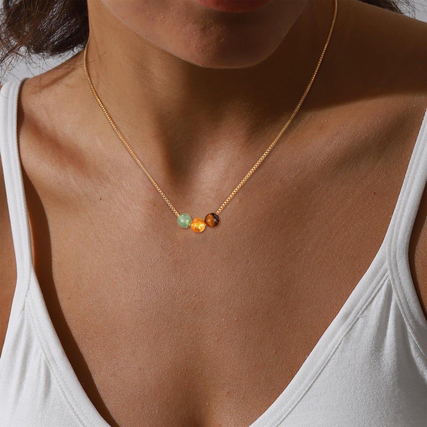 Suarlly Healing Crystal Necklace for Women 14k Plated Gold Beaded Necklace Tiger Eyes Relief Triple Protection Good Luck Gifts for Friends Sister Mom Daughter Jewelry