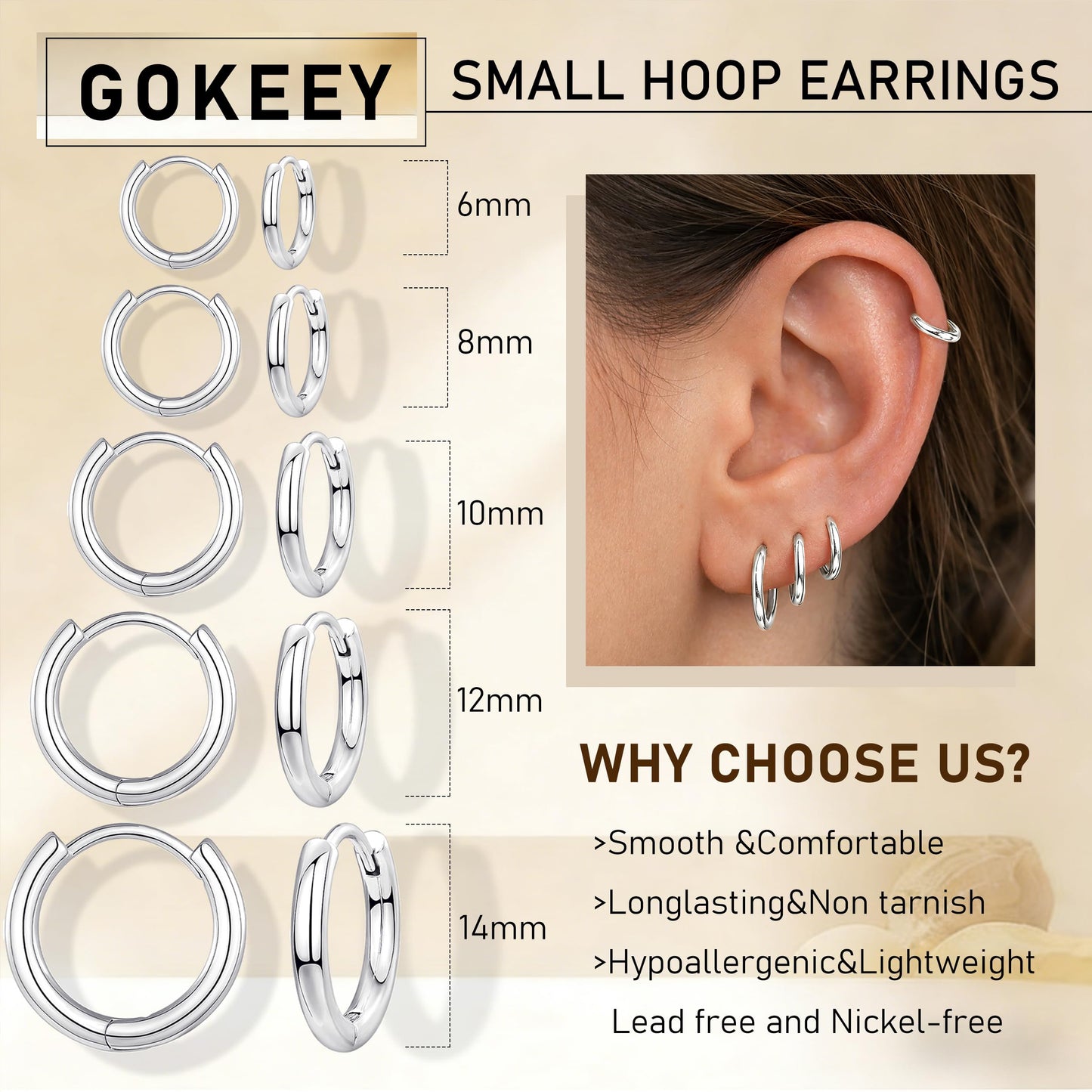 Gokeey 316L Surgical Stainless Steel Silver Huggie Hoop Earrings 6mm 8mm 10mm 11mm 12mm 14mm, Hypoallergenic Earrings Silver Hoops Cartilage Helix Lobes Hinged Sleeper Earrings For Men Women