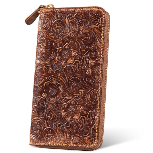 RMAWRAD genuine leather long bi-fold wallet/card holder, unisex, made of embossed buffalo leather, with card slots and a coin purse, brown.