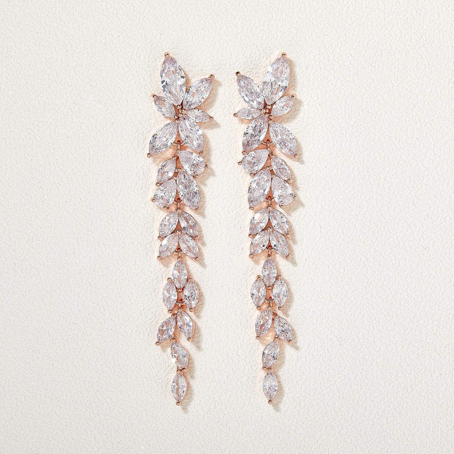 SWEETV Rose Gold Marquise Cubic Zirconia Wedding Earrings for Women Brides, Crystal Chandelier Bridal Drop Earrings for Prom Pageant