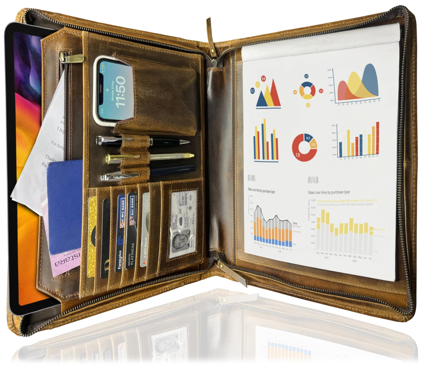 Leather Portfolio for Men - Full Grain Leather Padfolio Folder - Zipper Folio Documents Organizer - Professional Business Executive Gift for Men Women
