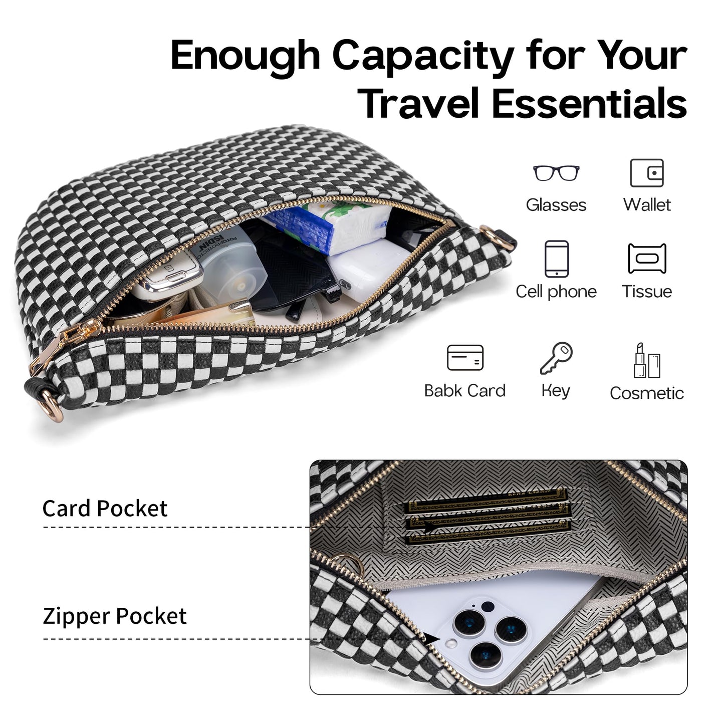 LANALULU Woven Crosssbody Bags for Women Trendy Vegan Leather Bum Bags Shoulder Purses Smooth Zip Fanny Pack with Adjustable Strap for Travel Festival Shopping Black White