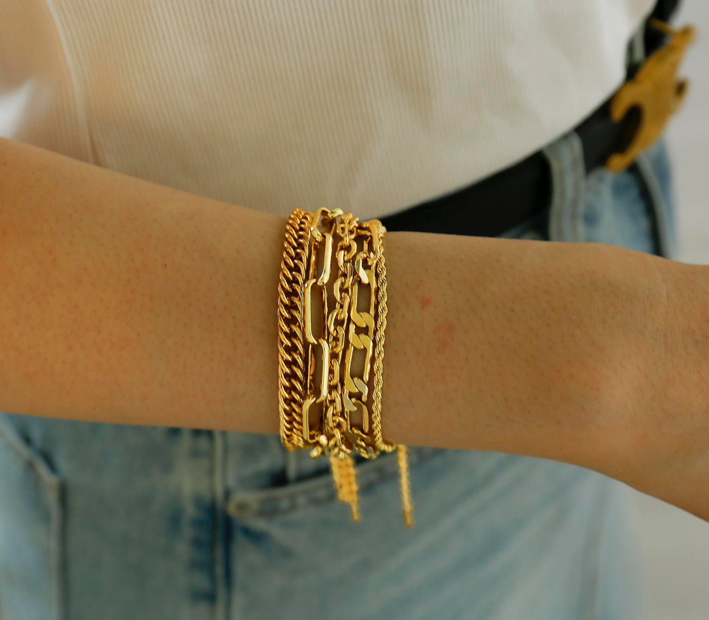 CONRAN KREMIX Gold Chain Bracelets Set For Women Dainty 14K Gold Plated Chunky Link Layered Paperclip Rope Chain Stake Bracelet Sets Fashion Trendy Gold Jewelry For Women