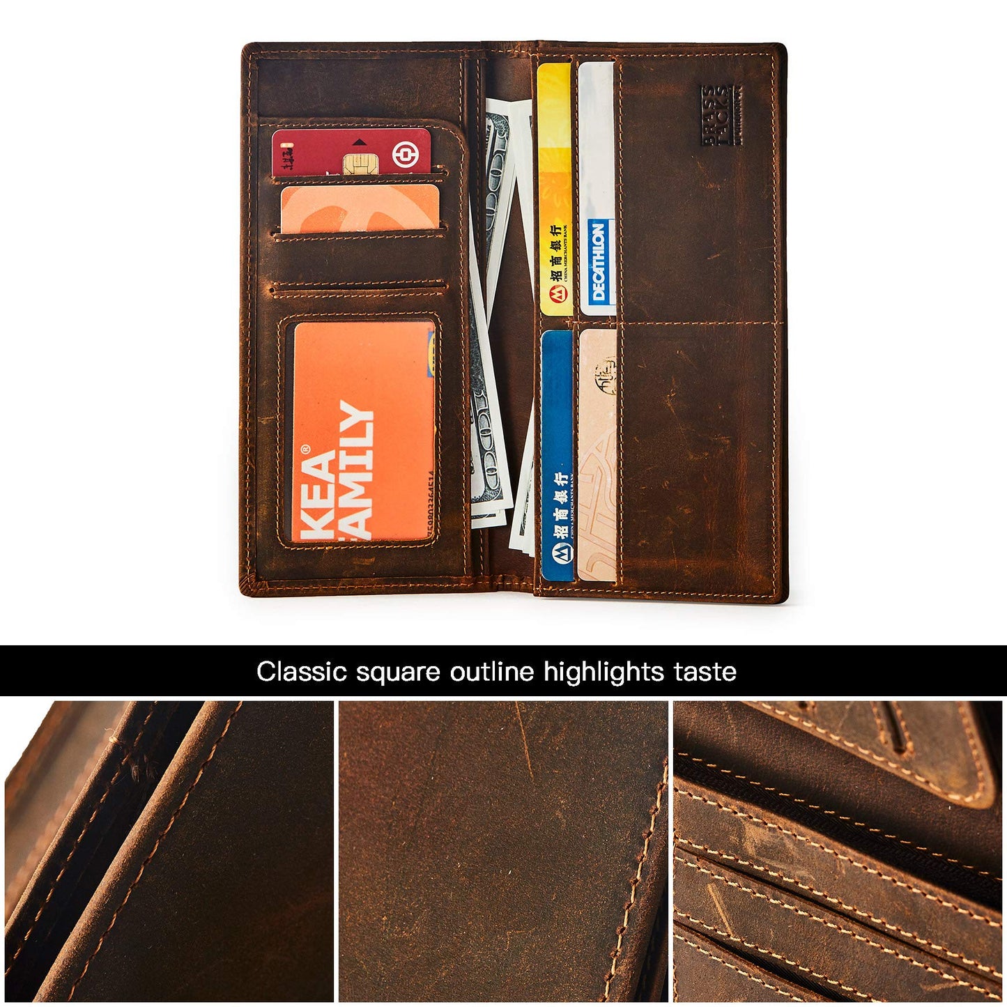BRASS TACKS Leathercraft Vintage Long Wallet for Men Top Grain Leather Dark Brown Cowhide Bifold Wallet Gift Box