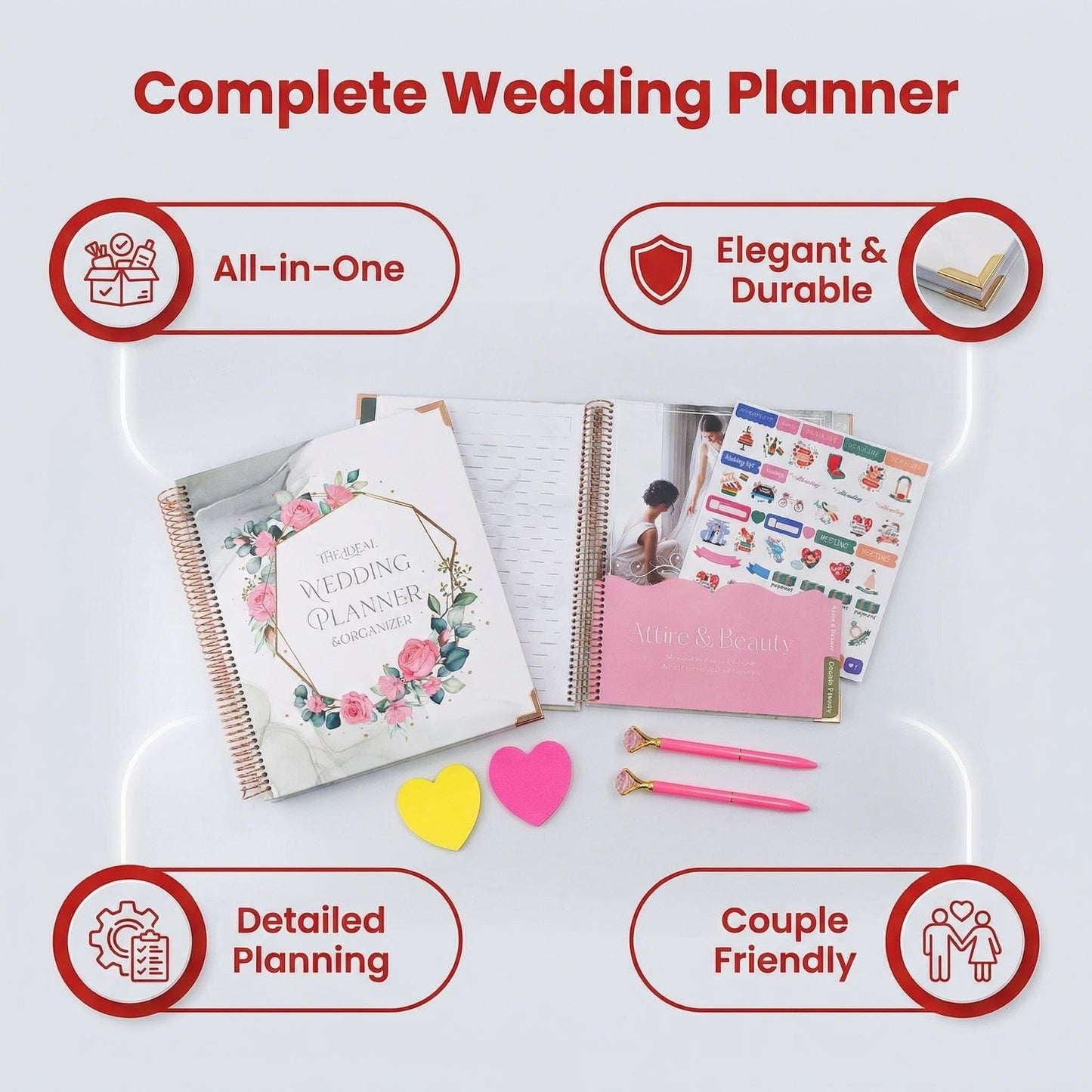 7Pcs Wedding Planner Book and Organizer, Engagement, Wedding Gifts for Couples, Bride, 176 Pages Bride Wedding Planning Book, Waterproof Cover, Thick Hard Cover with Metal Corners, 9 X 11''