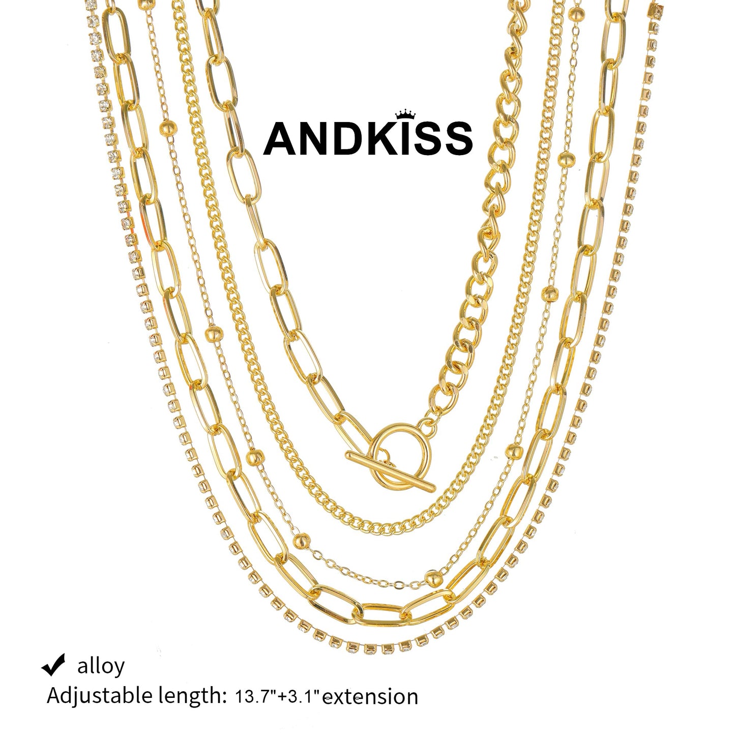 ANDKISS Gold Necklace for Women - 5PCS Dainty Layered Chain Necklaces 18k Gold Plated Choker Bohemian Look Necklace Simple Gold Stacked Hypoallergenic Necklaces Set Used for Gift For Women