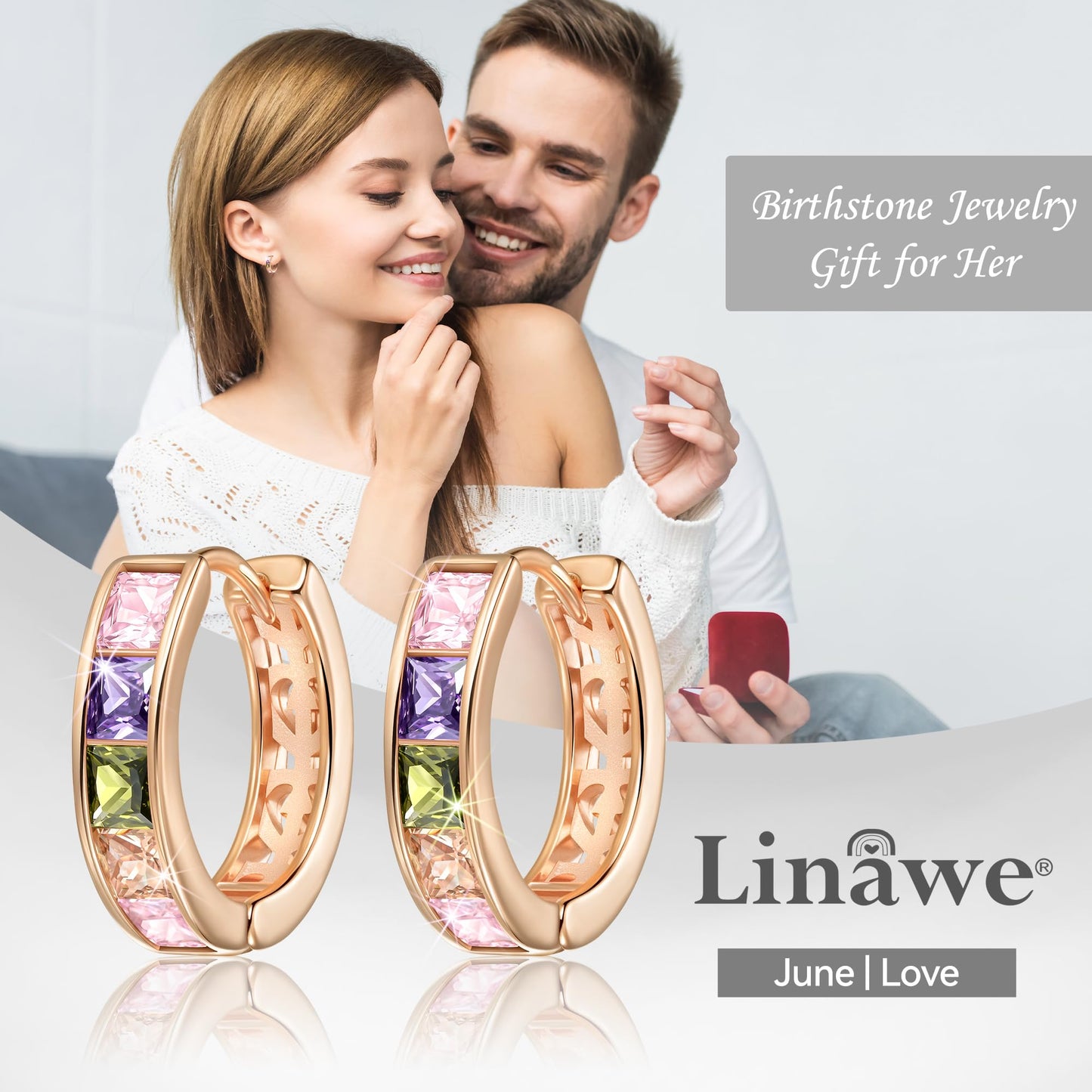 Linawe Hoop Earrings for Women - Trendy Tiny Mini Huggie, Cubic Zirconia Rainbow Rose Gold, Safety Pin Flat Back Stud, Tragus Piercing Jewelry