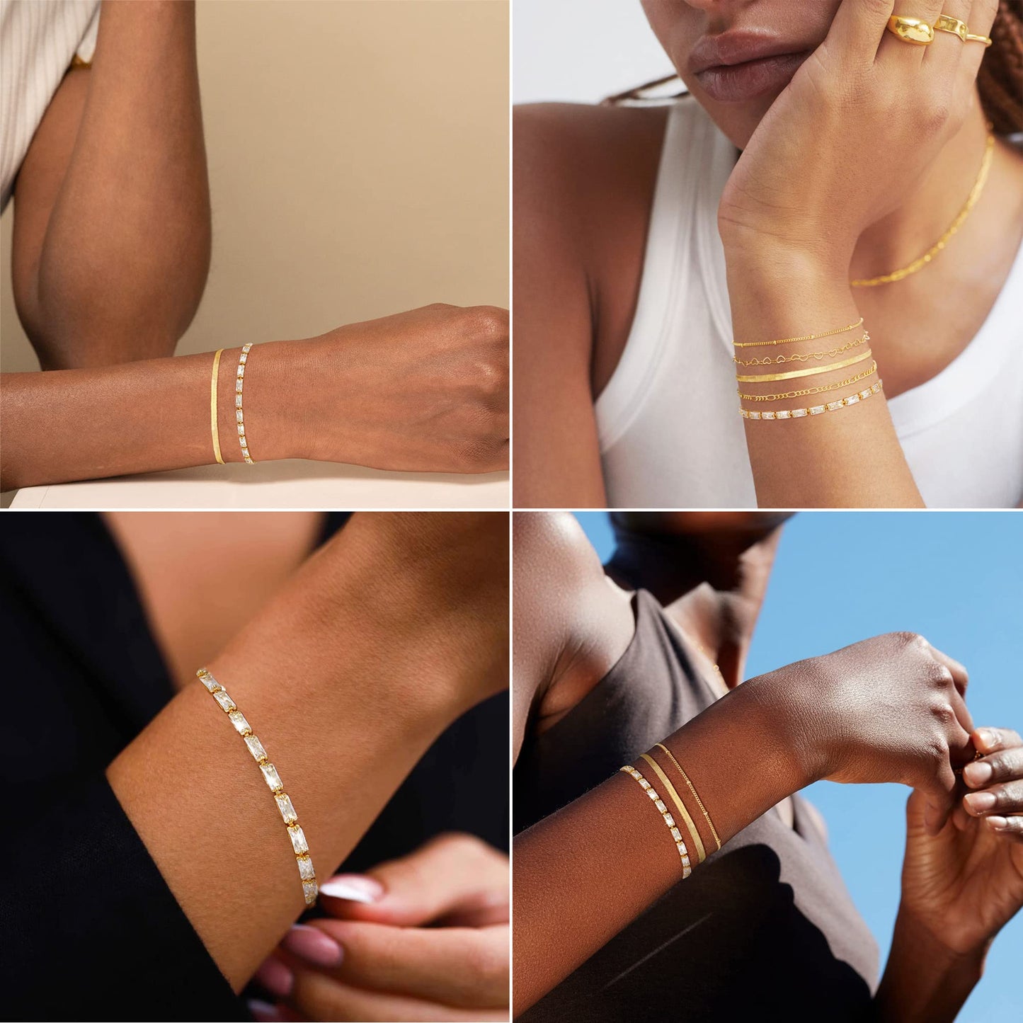 MBW 14K Gold Plated Bracelets for Women, Dainty Tennis Bracelet Set Stackable Bracelets CZ Tiny Cute Heart Figaro Link Chain Bracelet Minimalist Waterproof Jewelry for Women Trendy