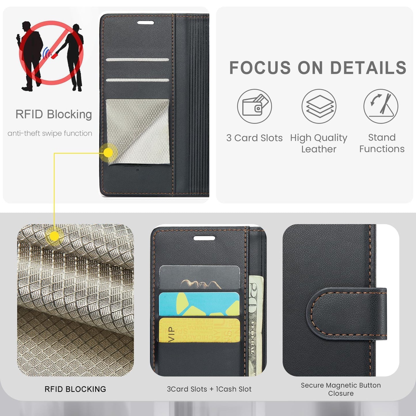 FLIPALM Wallet Case for Samsung Galaxy A15 5G, RFID Blocking Credit Card Holder, PU Leather Folio Flip Kickstand Protective Shockproof Cover for Galaxy A15 (Black)