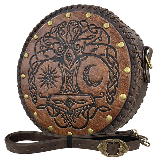 HiiFeuer Viking Embossed Crossbody Bag, Nordic Faux Leather Belt Bag Satchel Bag, Medieval Portable Cosplay Shoulder Bag (Brown B)