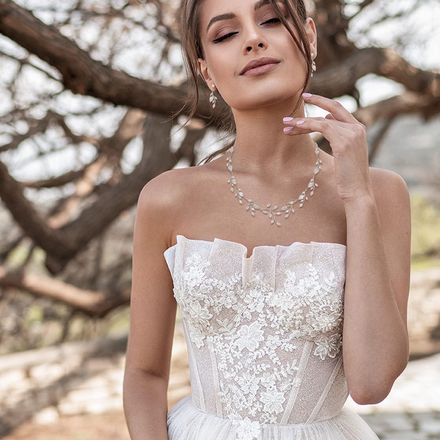 EVER FAITH Wedding Jewelry for Bride Women Bridesmaid, Sparkly White Cubic Zirconia Pear-Shaped Birthstone Leaf Necklace Earrings Set for Prom Clear Silver-Plated-Brass