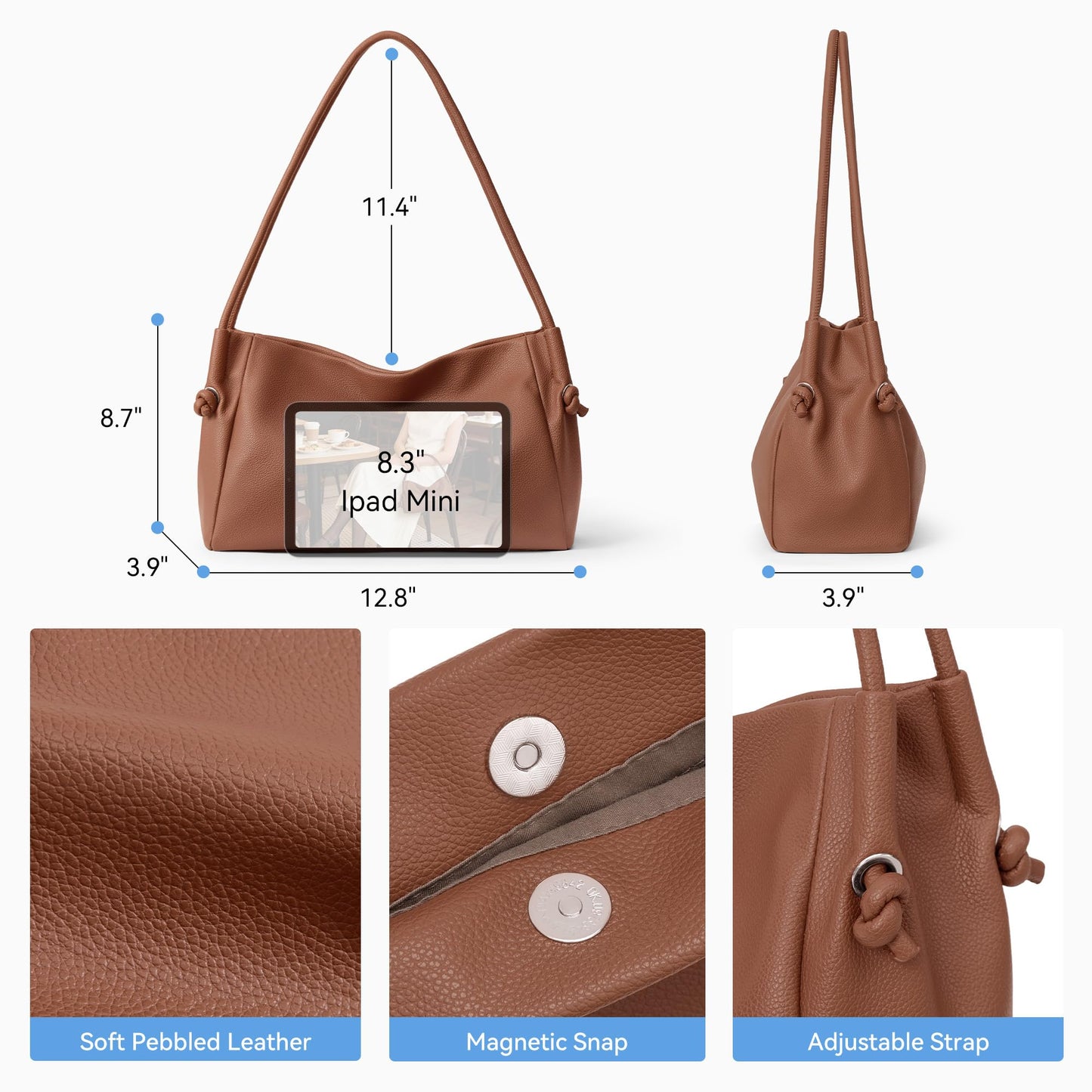 BOSTANTEN Shoulder Bag for Women Pebbled Vegan Leather Purses Soft Hobo Handbag Supple Bag for Travel Work Brown