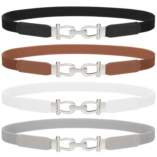 TRIWORKS 4 Pack Skinny Elastic Belts for Women Silver Buckle Thin Stretchy Waist Belts for Dresses