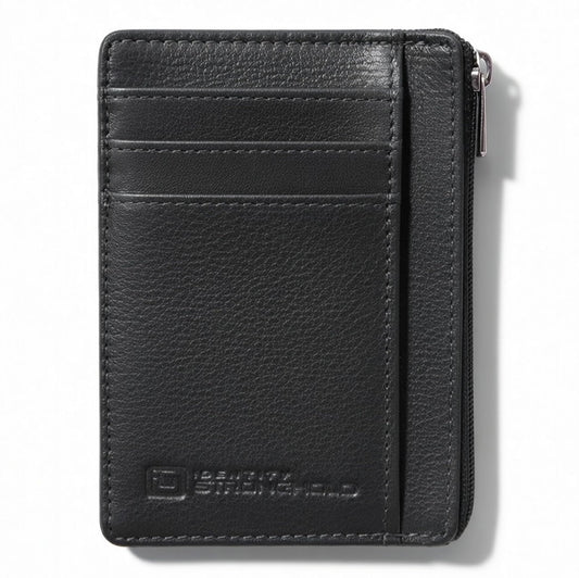 ID Stronghold RFID Front Pocket Wallet Mini Minimalist Wallet Slim Wallet Genuine Leather with Zipper, Small Black